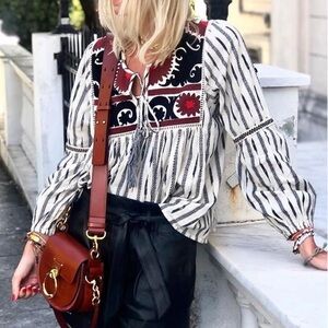 Miss June Paris Striped Boho Blouse with Embroidered Details
